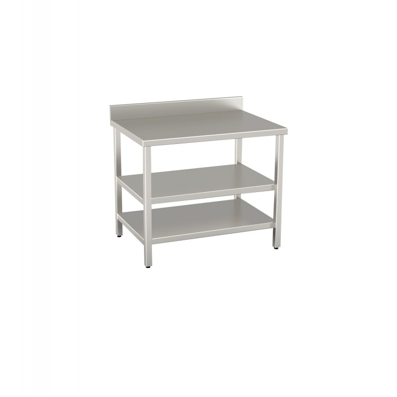 Tavolo 700X700 con N.2 ripiani inferiori e alzatina posteriore