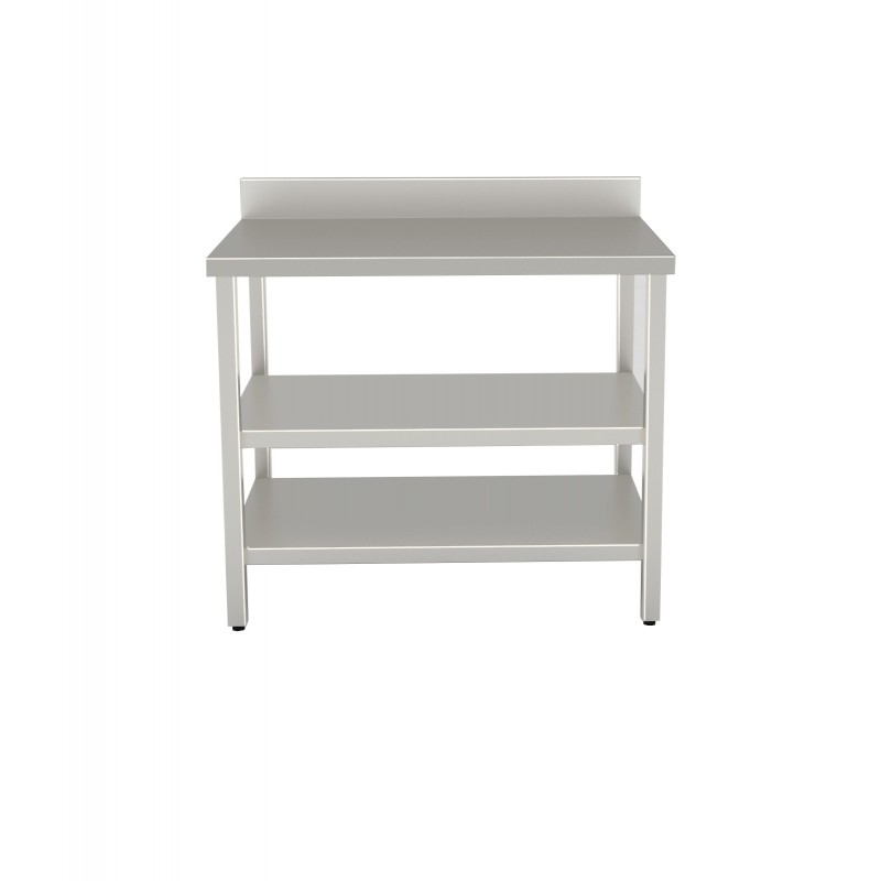 Tavolo 700X700 con N.2 ripiani inferiori e alzatina posteriore
